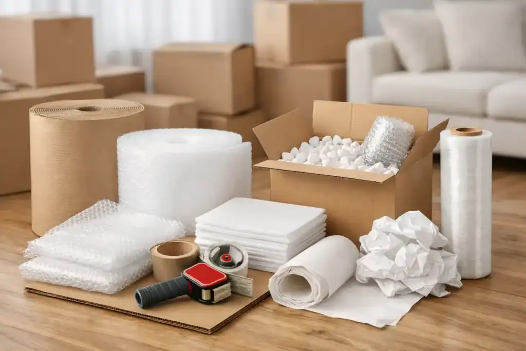 Moving packing supplies including bubble wrap, packing paper, and boxes.