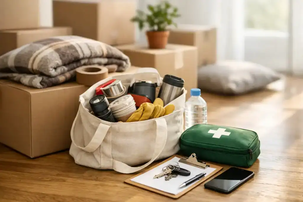 Essential moving supplies including water bottles, first aid kit, and keys on a clipboard.